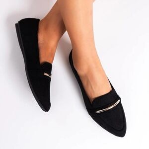 Black Mental Decor Flat Shoes For Women, Fashionable Point Toe Loafers